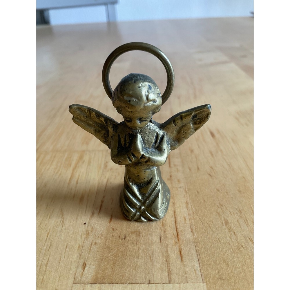 Vintage 1991 Solid Brass Praying Angel Figurine Kneeling Cherub Halo 2 Inch